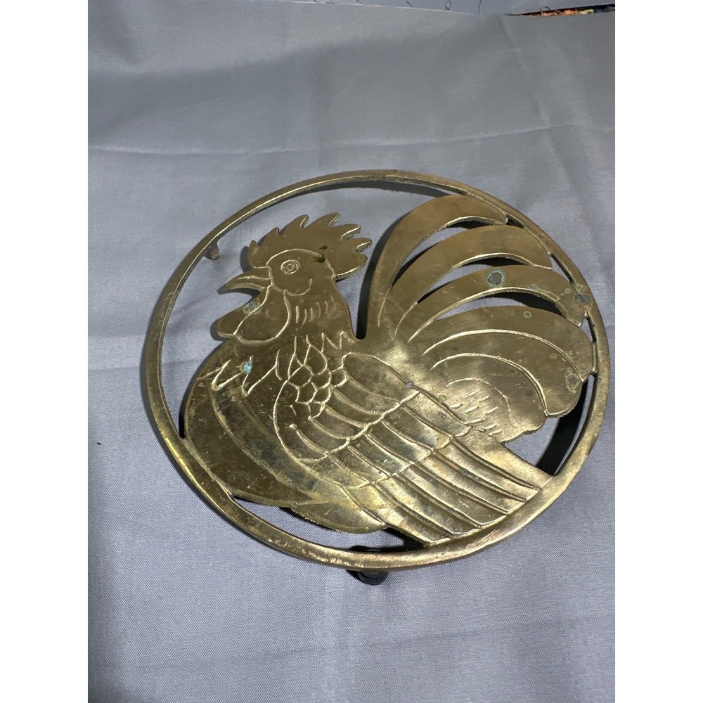 Vintage Rooster Trivet Brass Colored Metal Chicken Farmhouse Kitchen Decor